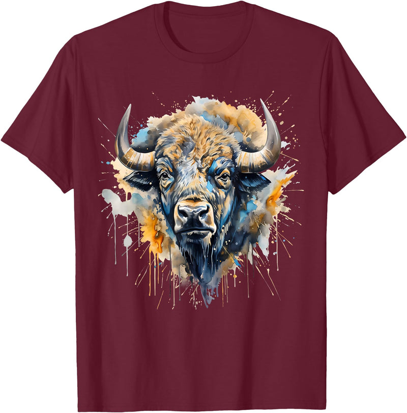Safari Animal Art Buffalo Portrait Colorful Splash Artwork Wildlife Bison T-Shirt - Burgundy