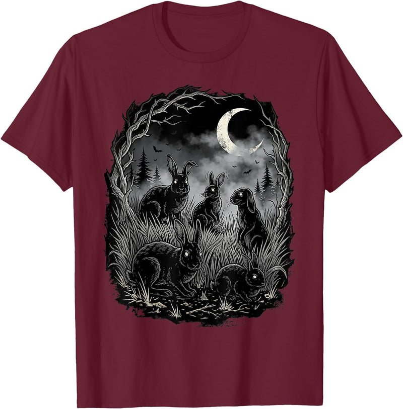 Midnight Woodland Rabbit Art Apparel Graphic Tees Creepy Black Rabbits Moonlit Forest Gothic Horror Halloween T-Shirt -