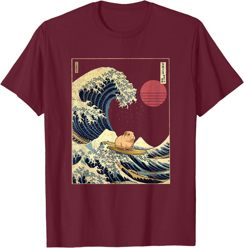 AxisNagawa Guinea Pig Kanagawa Wave Funny Surf Animal T-Shirt - Burgundy