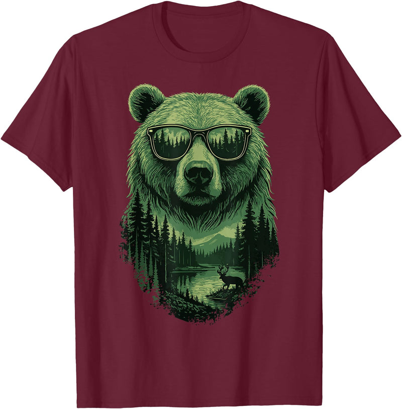 Bear Wildlife Deer Campfire Nature Apparel Bear Sunglasses Wildlife Deer Campfire Nature Vintage Forest T-Shirt - Burgundy