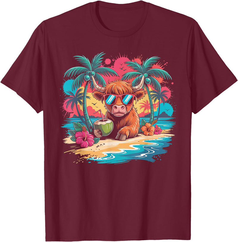 Summer Vibes Highland Cow Funny Beach Vacation Tee Tropical Highland Cow Summer Vibes Funny Beach T-Shirt - Burgundy