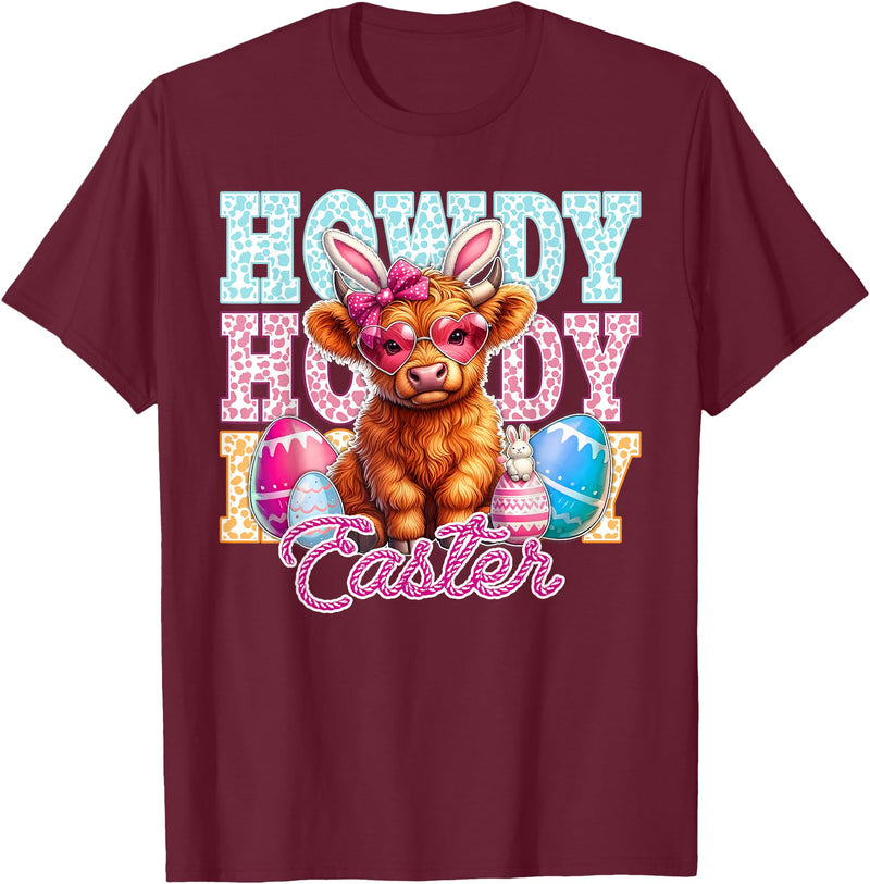 Highland Cow Easter Cute Western Farm Apparel Howdy Easter Cute Highland Cow Bunny Ears Western Easter T-Shirt - Burgundy
