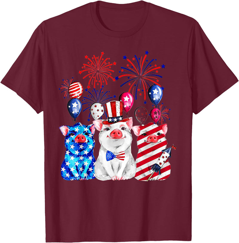 Fireworks American Flag Funny Pig 4th of July Fireworks American Flag Funny Pig Patriotic Farmer 4th July T-Shirt - Burgundy