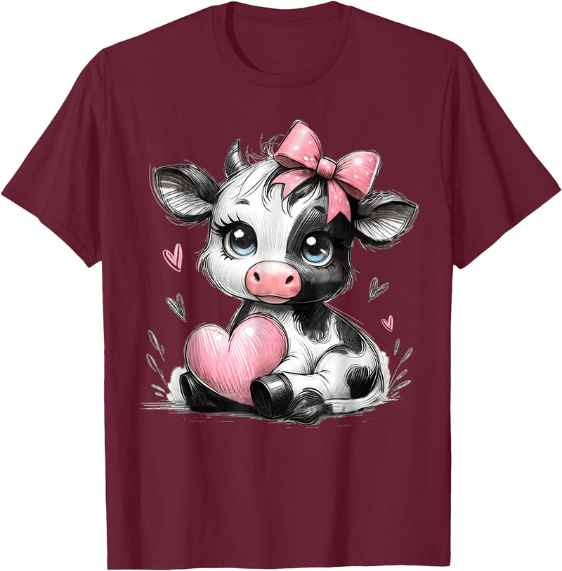 Cow Farmer Coquette Bow Tees Cute Baby Cow with Pink Coquette Bow Holding Heart T-Shirt - Burgundy