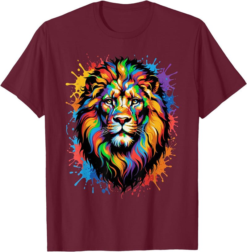 Colorful Lion Wildlife Lover Colorful Lion Face Paint Splash Art T-Shirt - Burgundy