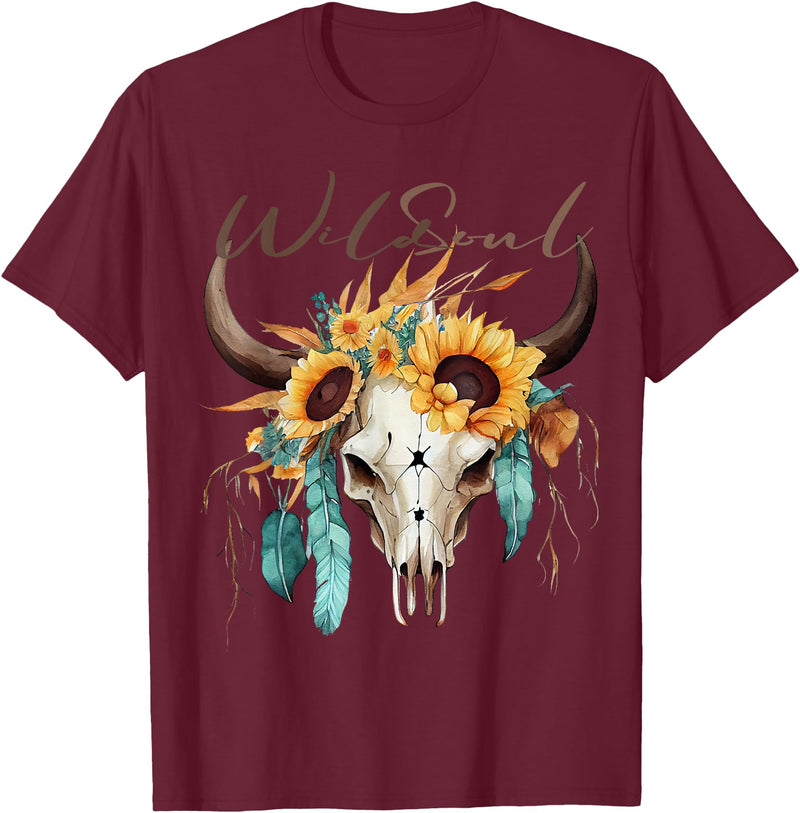 Wild Soul Boho Cow Skull Sunflowers Mothers Day Wild Soul Boho Cow Skull Sunflower Vintage Western T-Shirt - Burgundy