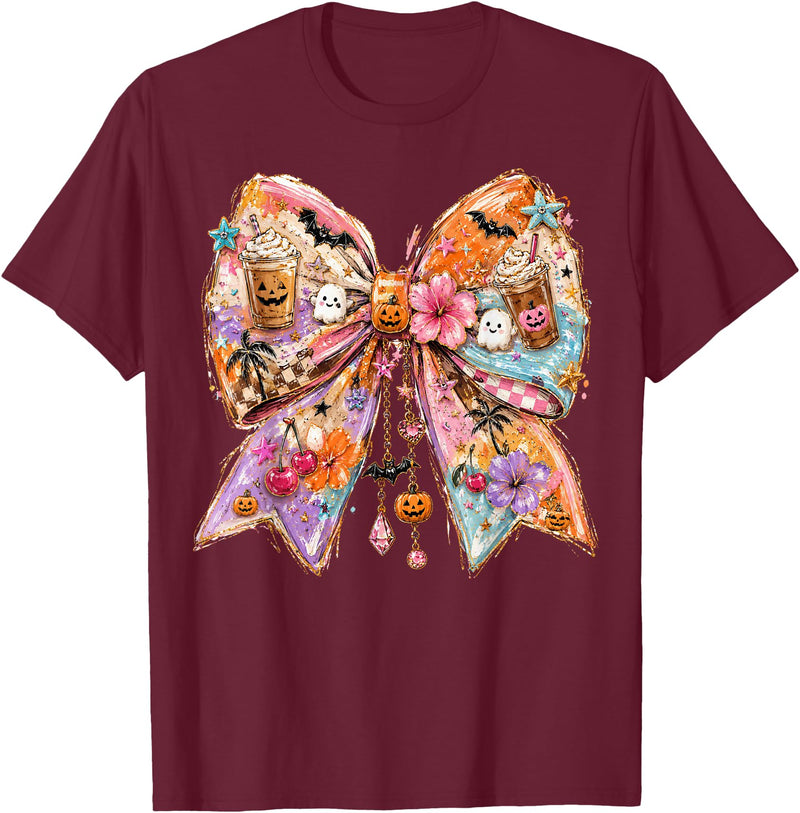 Summerween Tees NYC Summerween Bow Coquette Summer Halloween Ghosts Beach Coffee T-Shirt - Burgundy
