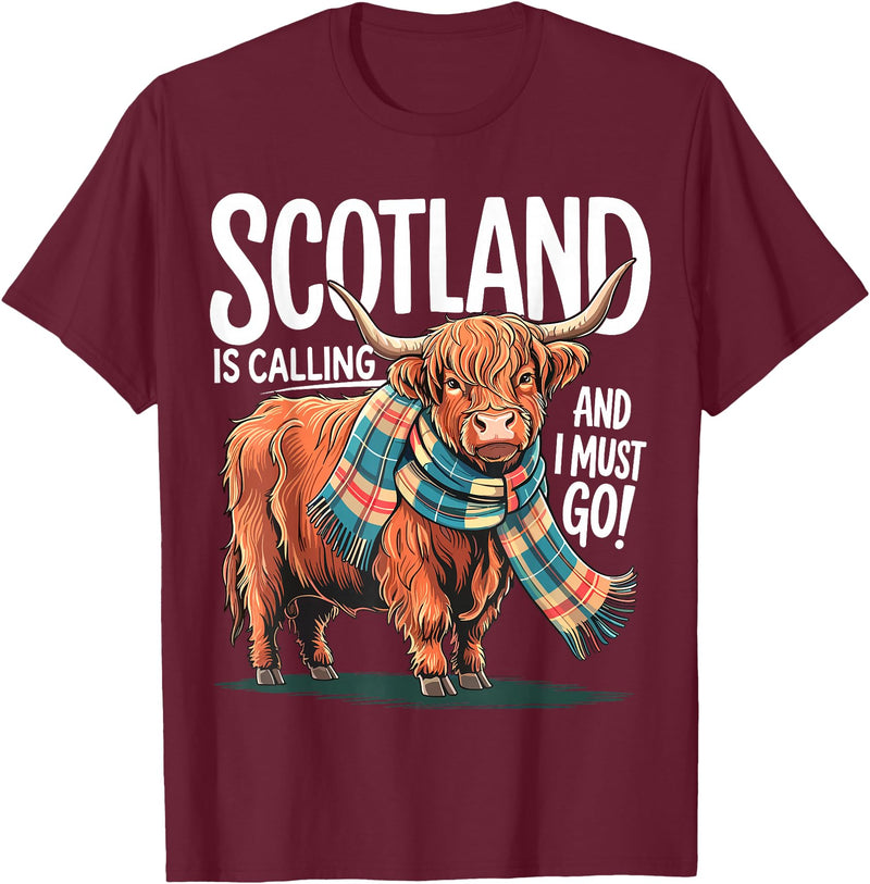 Funny Scottish Highland Cow Scotland is Calling and I Must go Scottish Highland Cow T-Shirt - Burgundy