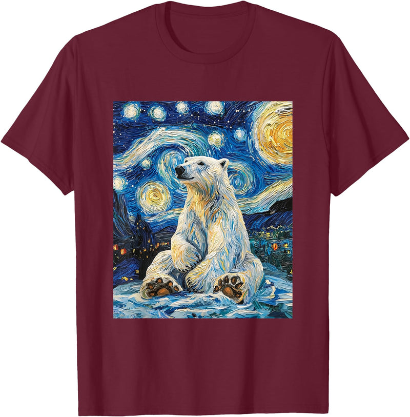 Bear Designs. Cute Polar Bear Van Gogh Style Starry Night Funny Graphic T-Shirt - Burgundy