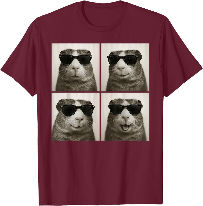 Retro Guinea Pig Portrait with Sunglasses Funny Guinea Pig Lover Cute Guinea Pig Photo Booth T-Shirt - Burgundy