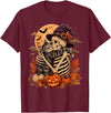Vintage Spooky Halloween Cat Lover Autumn Cute Skeleton Hugging Cat Halloween Witch hat Pumpkin Moon T-Shirt - Burgundy