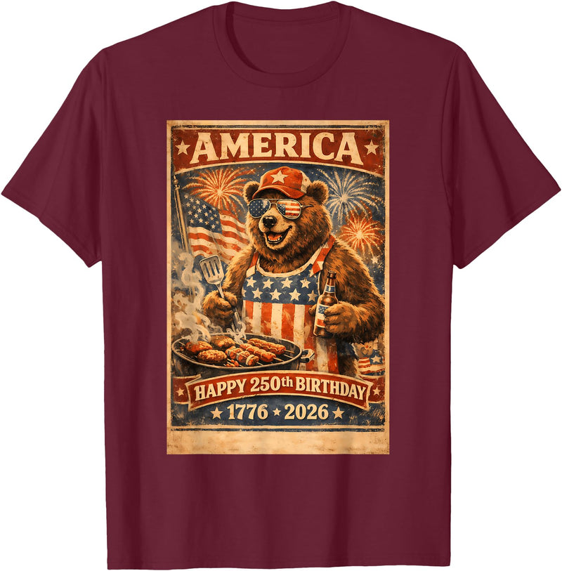USA Birthday 250th American Spirit Tees All Ages Celebrate 250 Years with Fun Bear BBQ Graphic T-Shirt - Burgundy
