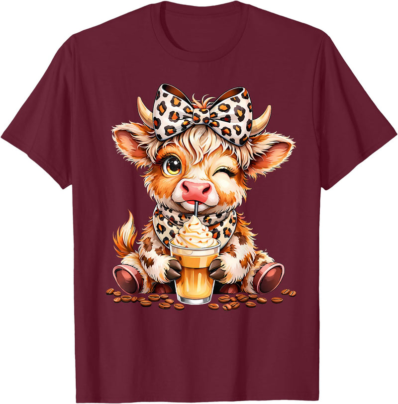 Cute Highland Cow Coffee Addict Leopard Bow Highland Cow Coffee Addict Funny Drink Coffee T-Shirt - Burgundy