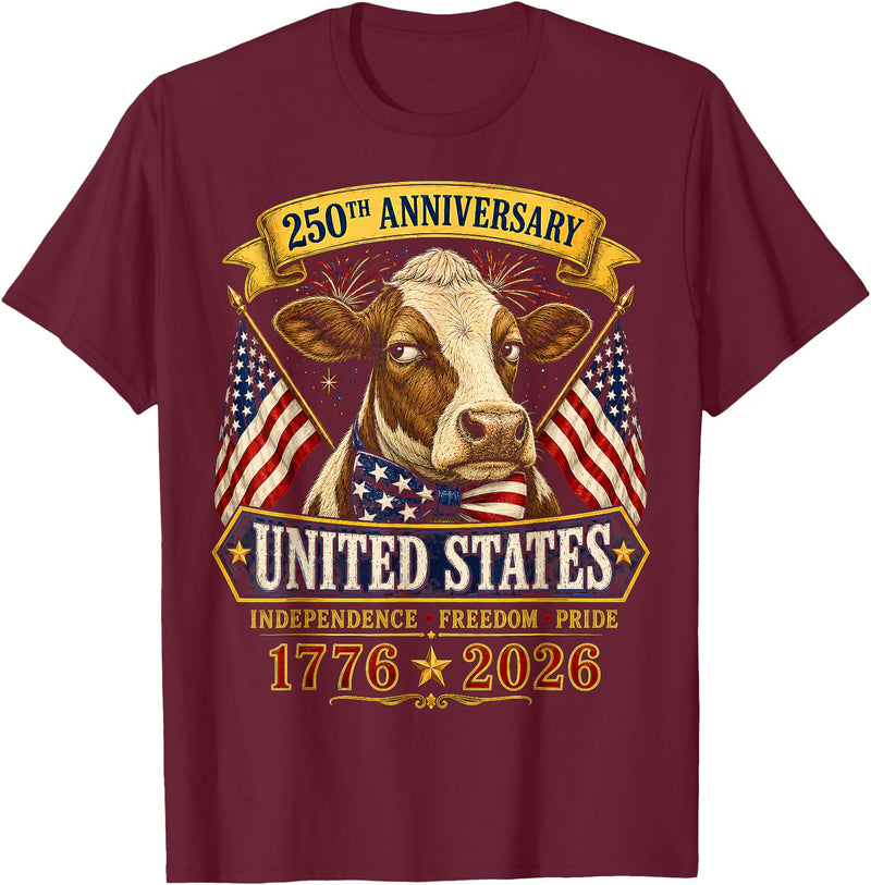 Patriotic 250 Years of Freedom 1776-2026 250 Years America Cow Patriotic USA 4th of July T-Shirt - Burgundy