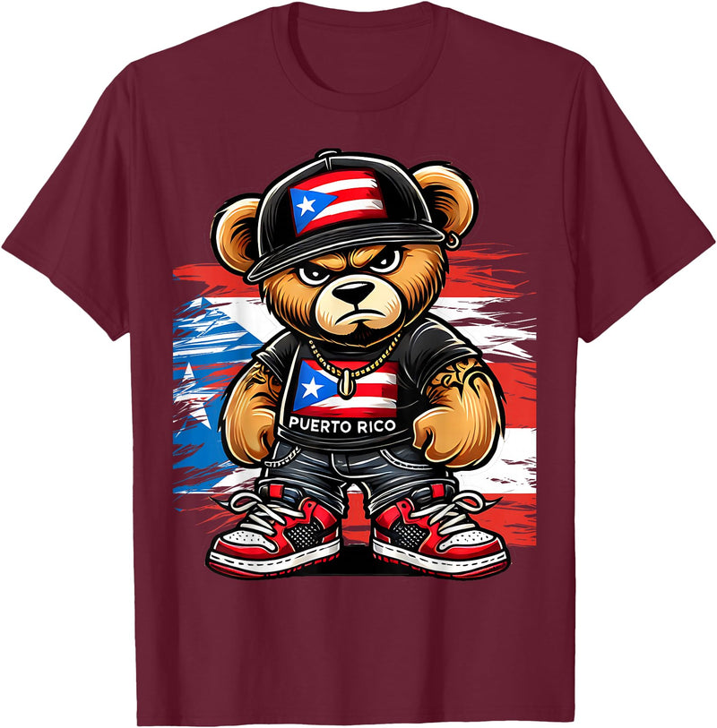 Hip Hop Teddy Bear for proud Puerto Ricans Cute Teddy Bear Puerto Rico Flag Boricua Puerto Rican T-Shirt - Burgundy