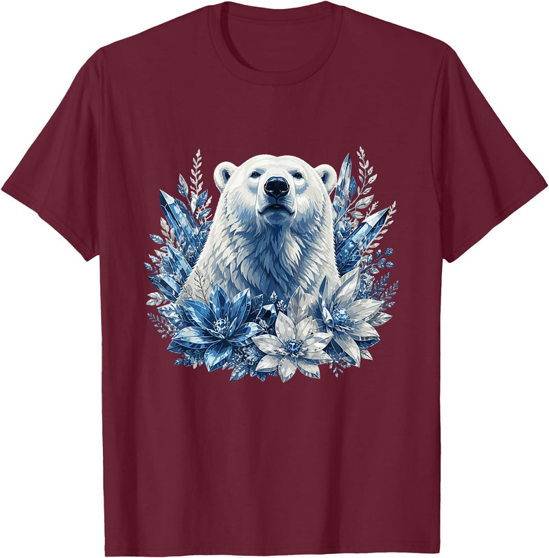 Arctic Polar Bear Winter Floral Nature Ice Blue Snow Polar Bear with Winter Flowers T-Shirt - Burgundy