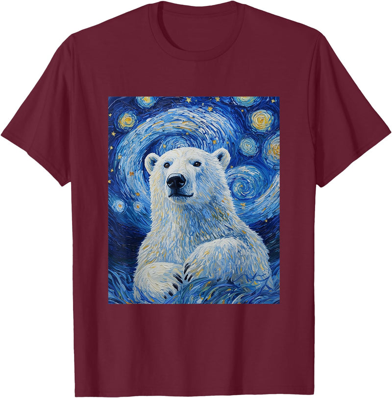 Bear Designs. Cute Polar Bear Van Gogh Style Starry Night Graphic T-Shirt - Burgundy