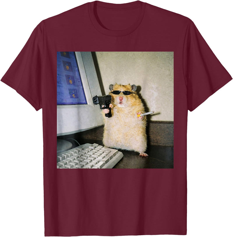 Funny Hamster Meme Cyber Hamster Meme Smoking Humor Computer T-Shirt - Burgundy