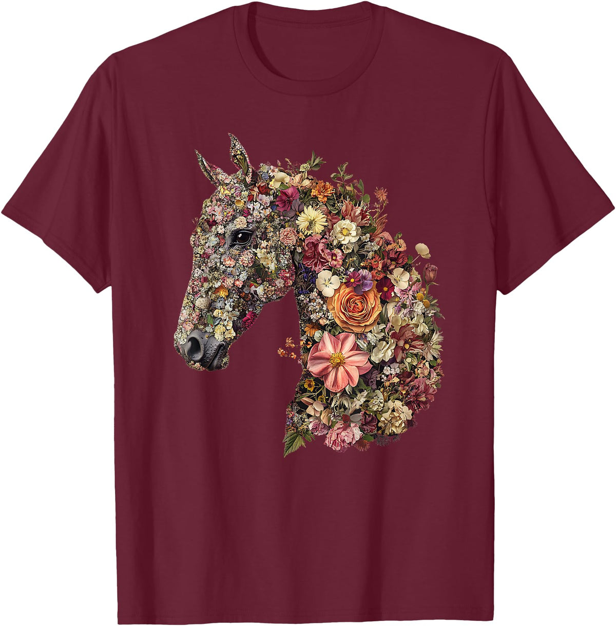 Horse Lover Gifts Floral Horse T-Shirt - Unisex-Adult, Classic Fit, Black, Small, Short Sleeve, Cotton Blend, Floral Pattern - Burgundy