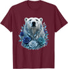 Arctic Polar Bear Crystal Rose Winter Spirit Majestic Polar Bear with Blue Ice Crystal Roses T-Shirt - Burgundy