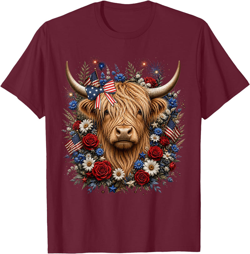 Funny July 4th Highland Cow Farm Lovers Highland Cow Florals 4th of July USA Flag Patriotic Women T-Shirt - Burgundy