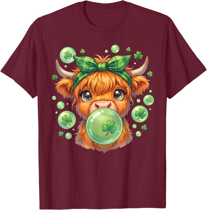 St. Patricks Day Highland Cow Blowing Bubblegum Celebrate St Patricks Day T-Shirt - Burgundy