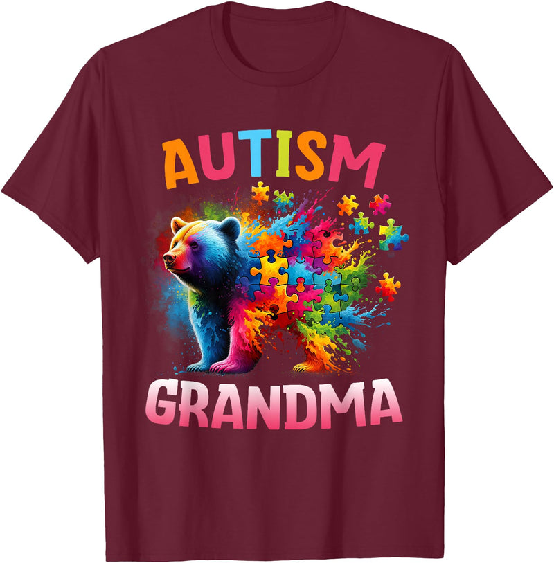 Colorful Rainbow Family Bear Autism Awareness Autism Grandma Colorful Rainbow Grandma Bear Autism T-Shirt - Burgundy