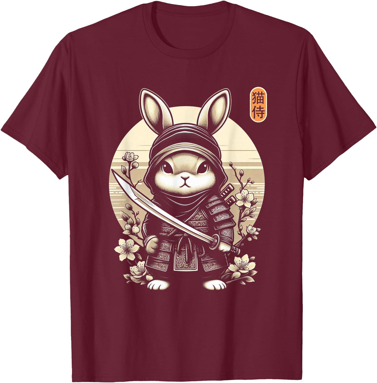 Japanese Samurai Ninja Rabbit Tattoo Japanese Kawaii Art T-Shirt in Burgundy