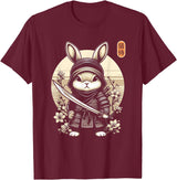 Japanese Samurai Ninja Rabbit Tattoo Japanese Kawaii Art T-Shirt in Burgundy