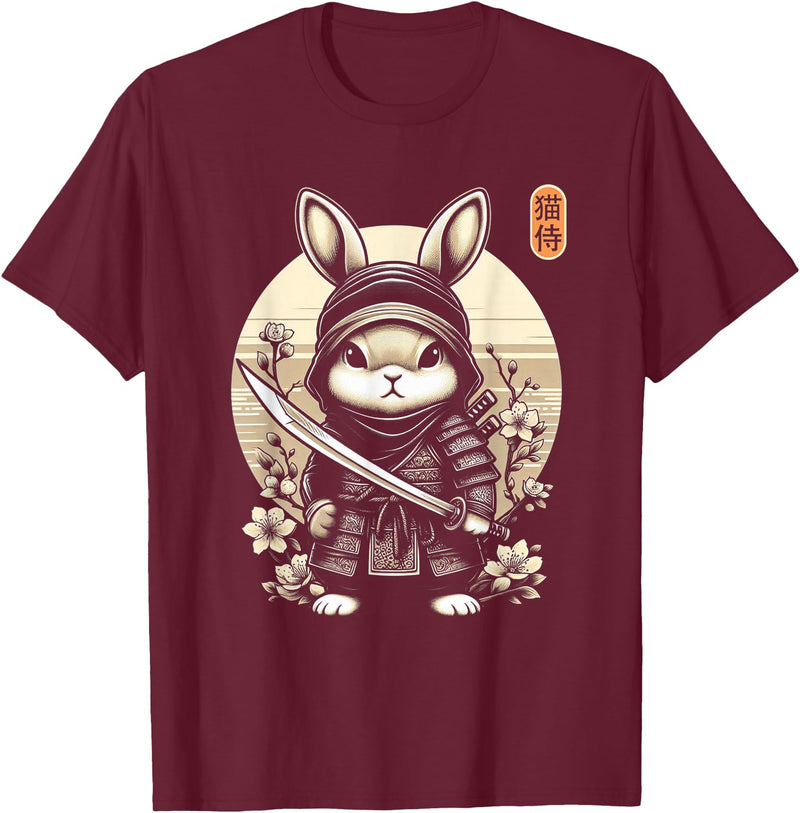 Japanese Samurai Ninja Rabbit Tattoo Japanese Kawaii Art T-Shirt in Burgundy