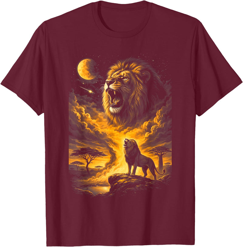 Howzit South Africa Majestic Roaring Lion Savanna Moon Night Sky African Safari T-Shirt - Burgundy