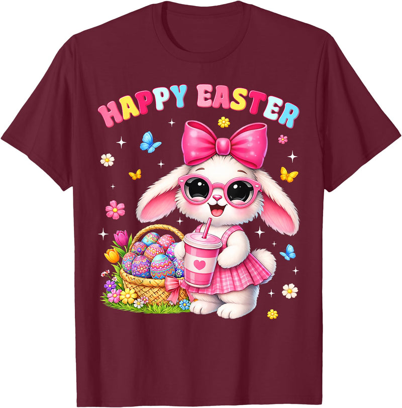 Happy Easter Coquette Easter Egg Rabbit Bunny Women Girl Kid T-Shirt in Burgundy