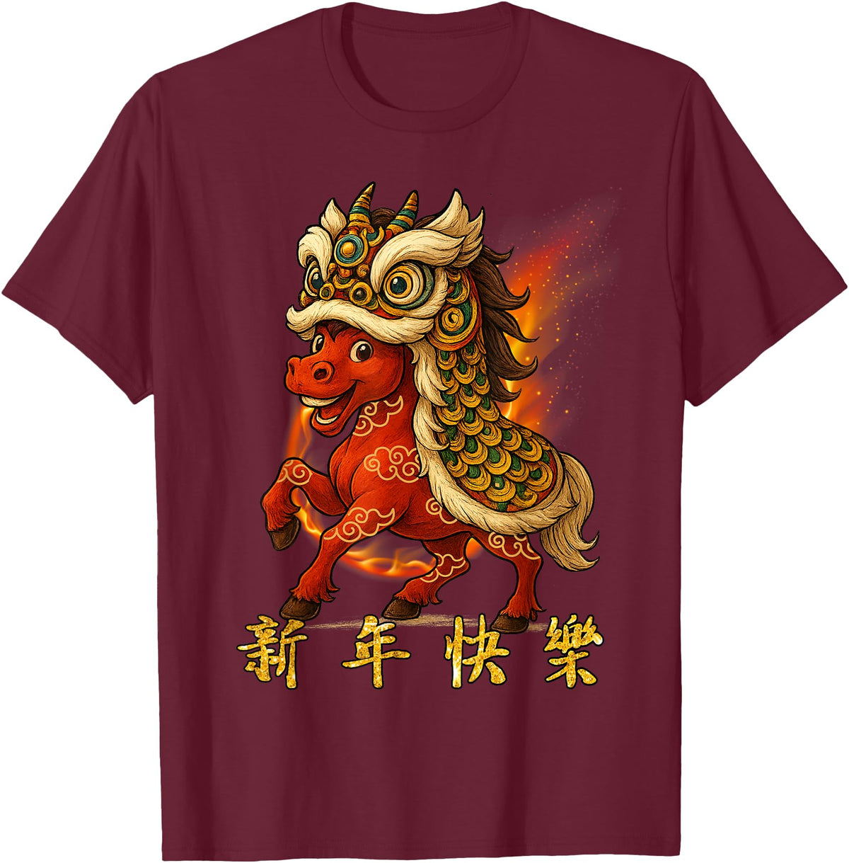 Chinese New Year of Fire Horse 2026 Funny Tee Year of The Fire Horse Zodiac Funny Chinese New Year 2026 T-Shirt - Burgundy