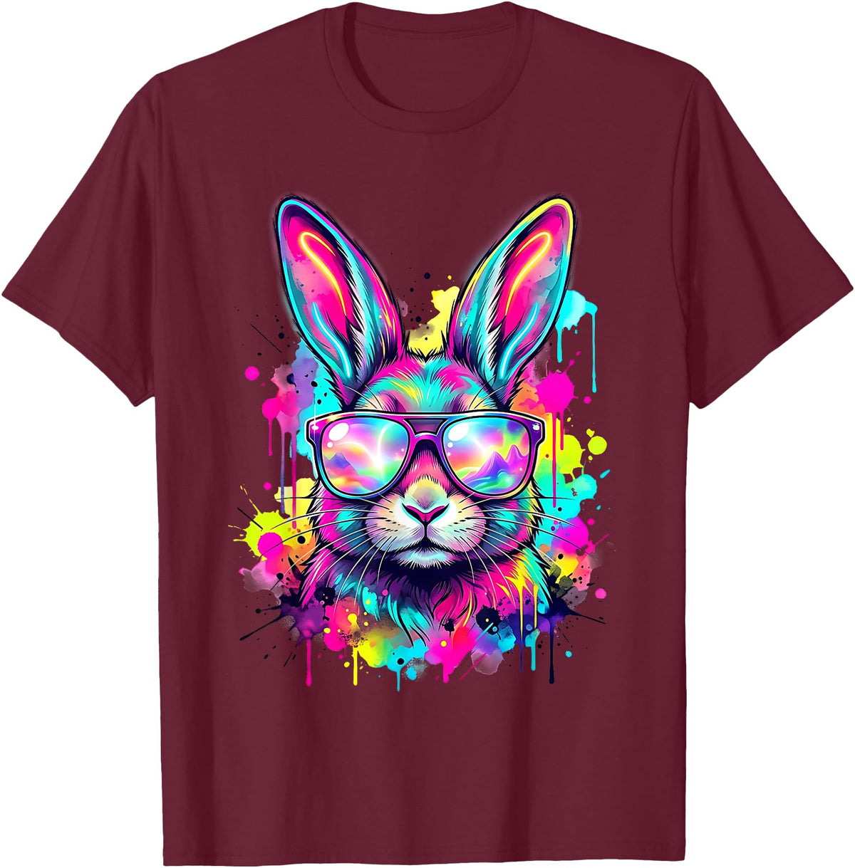 Happy Easter Bunny Face Tie Dye Bunny Rabbit with Glasses T-Shirt in Burgundy
