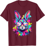 Happy Easter Bunny Face Tie Dye Bunny Rabbit with Glasses T-Shirt in Burgundy