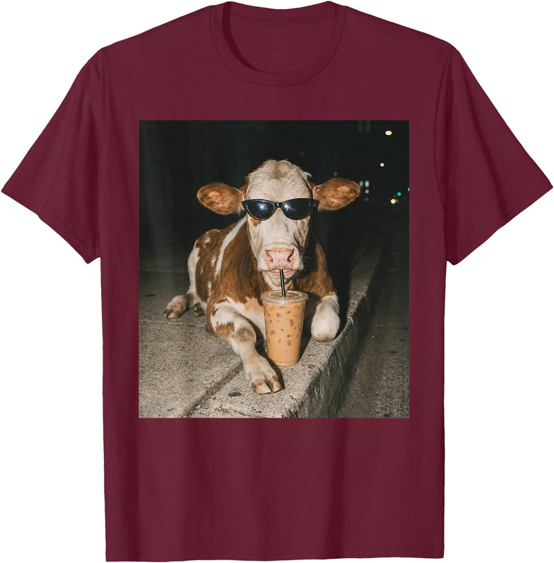 Funny Cow Drinking Iced Coffee Meme Cow Drinking Iced Coffee Funny Animal Meme Tee T-Shirt - Burgundy