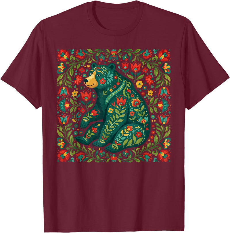 Nordic Scandinavian Folk Art Flower Designs Scandinavian Folk Art Bear Floral Pattern Nordic Animal T-Shirt - Burgundy