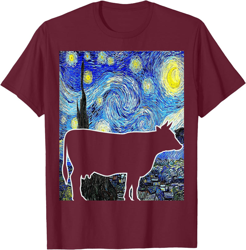 Funny Cow Van Gogh Famous Painting Cow Starry Night Van Gogh Funny Cow Farmer T-Shirt - Burgundy