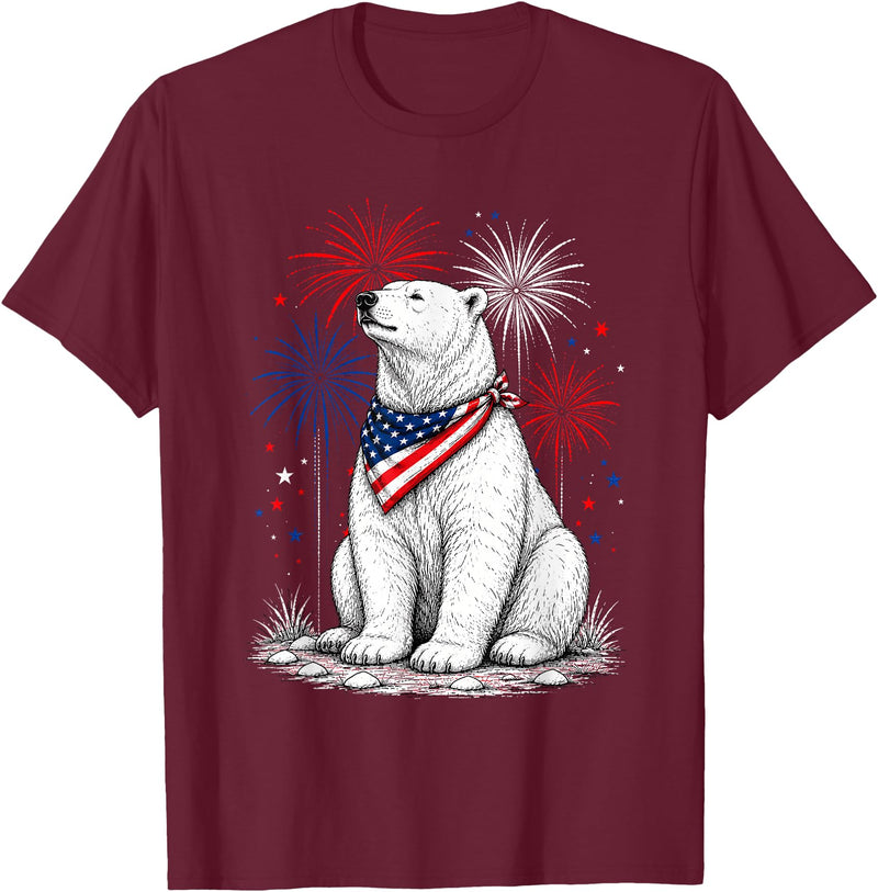 Polar Bear America's 250th 4th of July Outfit Polar Bear America's 250th Patriotic Fireworks Animal Lovers T-Shirt - Burgundy