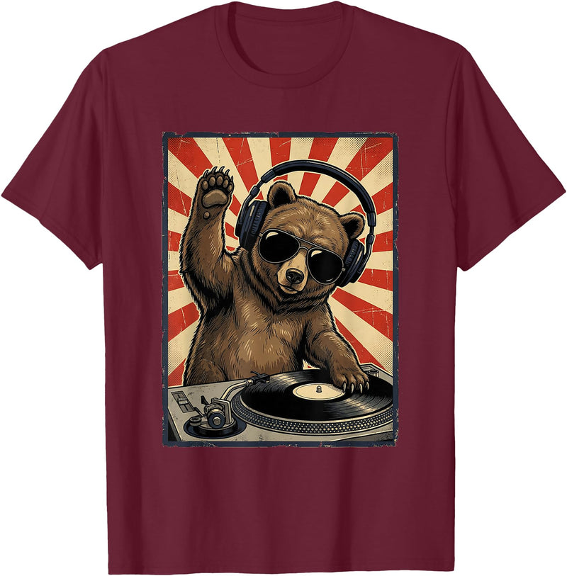 Bear DJ Stuff & Accessories Cool Retro Bear DJ Funny Bears Music Men Women Kids T-Shirt - Burgundy
