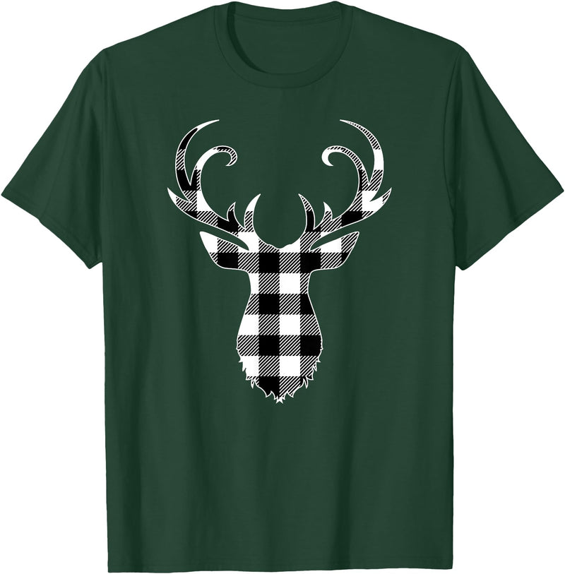 Buffalo Plaid Deer Clothing Co. by AAM Black & White Classic Christmas Buffalo Plaid Deer Head T-Shirt - Dark Green