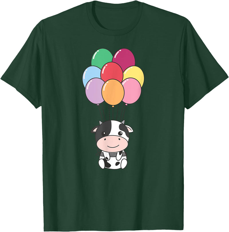 Cute Balloon Animals For Birthday Cow Flies With Colorful Balloons Kawaii Cows T-Shirt - Dark Green