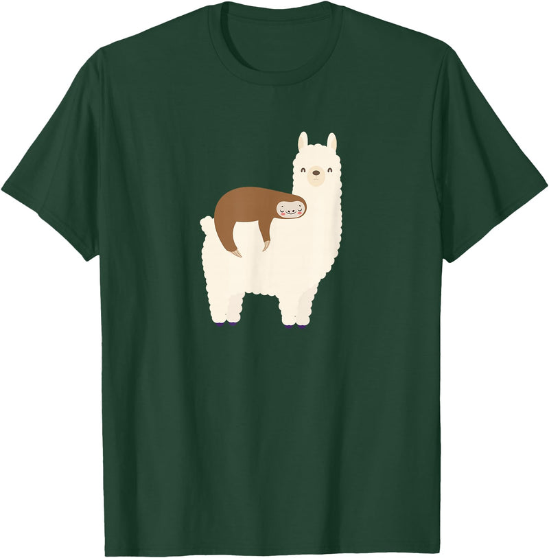 Unique Animal Lover Apparel Decor & Gifts Outlet Sloth Riding Llama Funny Graphic for Women for Girls T-Shirt - Dark Green
