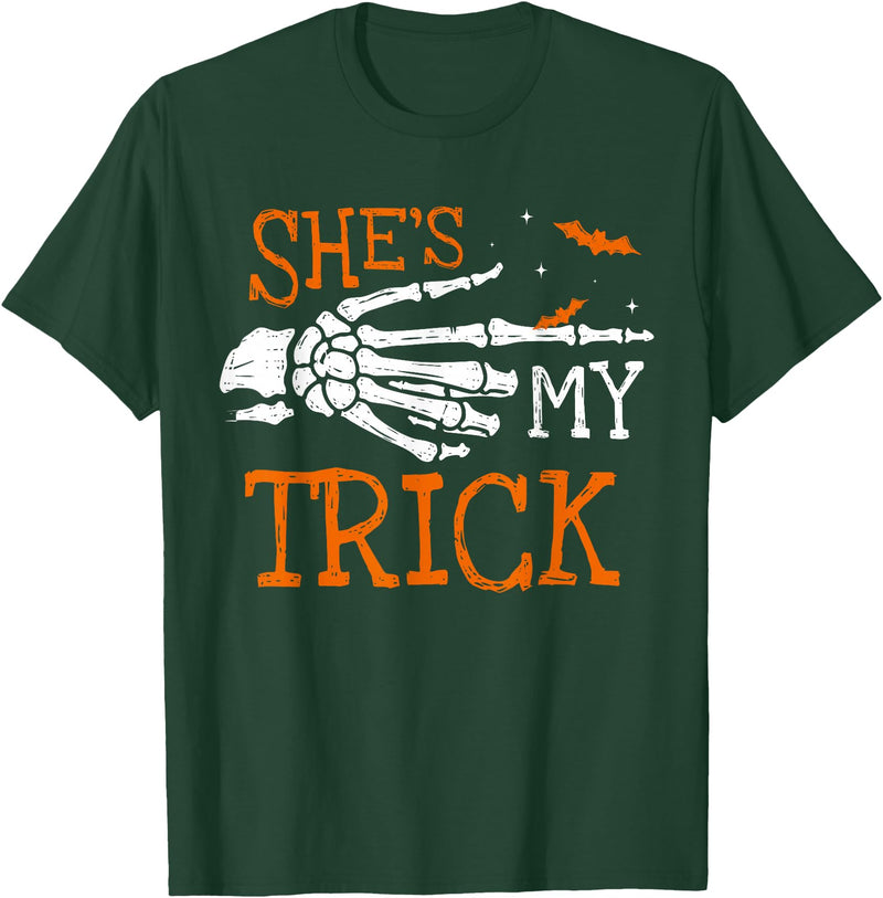 Halloween Costume for Men Women Kids Boys Girls She's My Trick Skeleton Matching Couple Halloween Costume T-Shirt - Dark