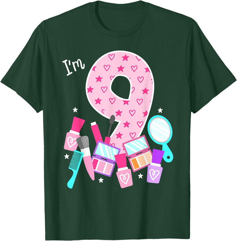 Birthday Girl Spa Squad Outfit Gifts Shop Spa Birthday Party I'm 9 Girls Makeup 9th Bday Kids Toddlers T-Shirt - Dark Green