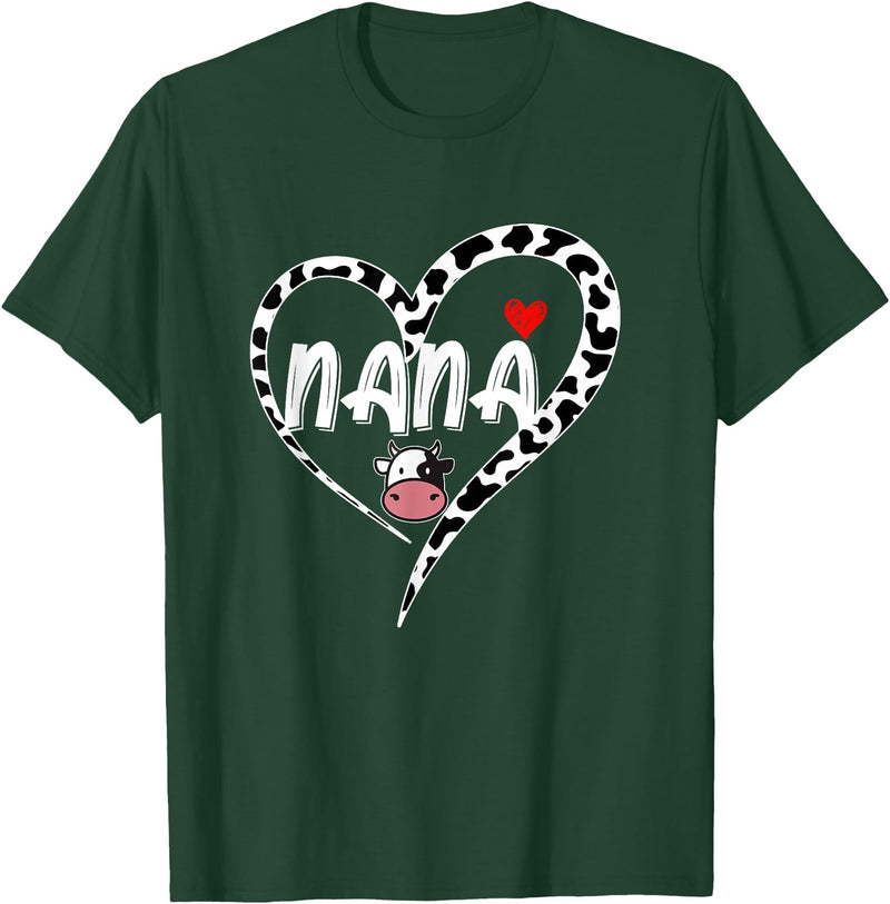 Black White Family Cow Farm Nana Cow Print Cow Heart Pattern Farmer Cows Mother's Day T-Shirt - Dark Green