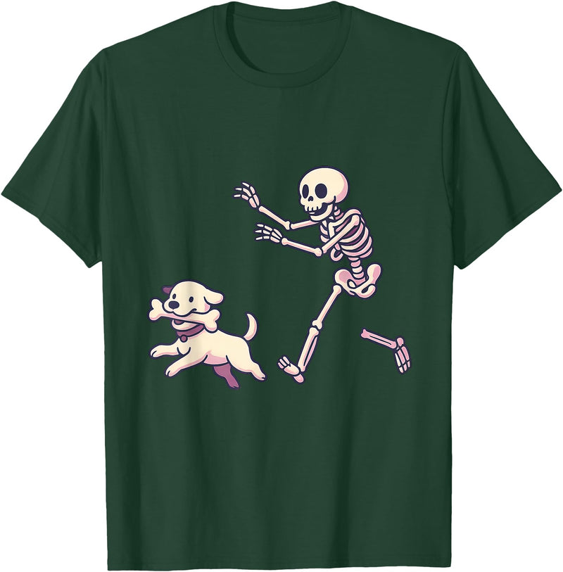 Funny Skeleton Dog Bone Halloween Kawaii Dog Steals Bone from Skeleton Running Halloween T-Shirt - Dark Green