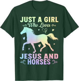 Jesus and Horses Christian Religious. Just A Girl Who Loves Jesus And Horses T-Shirt - Dark Green
