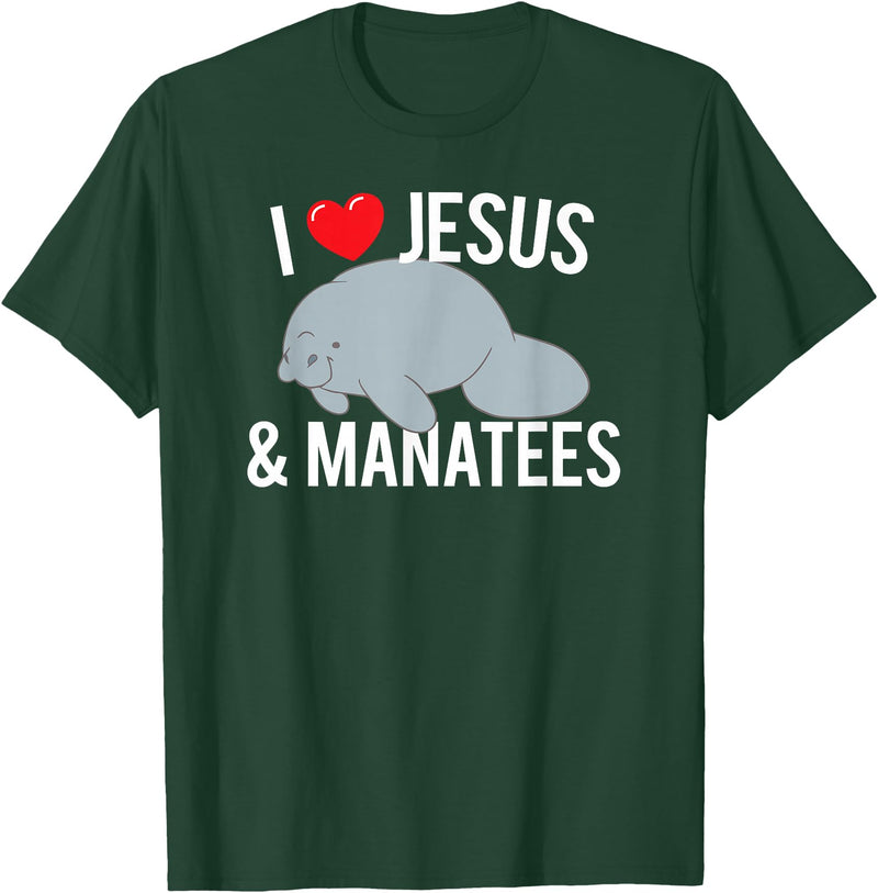 Sea Cows Tees I Love Jesus and Manatees, Cute Christian Manatee T Shirt T-Shirt - Dark Green
