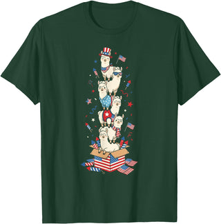 Llama Lovers USA Patriotic Outfits for Women Men Funny Llama American USA Flag Memorial Day 4th of July T-Shirt - Dark Green